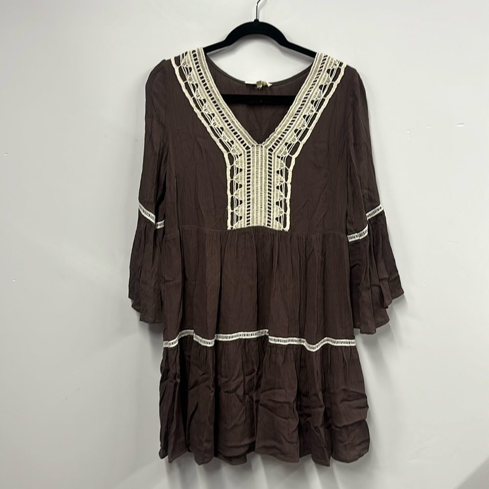 Entro brown cream crochet long sleeve dress S